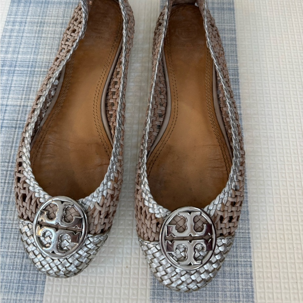 Tory Burch Silver and Tan Woven Flats - Picture 2 of 3
